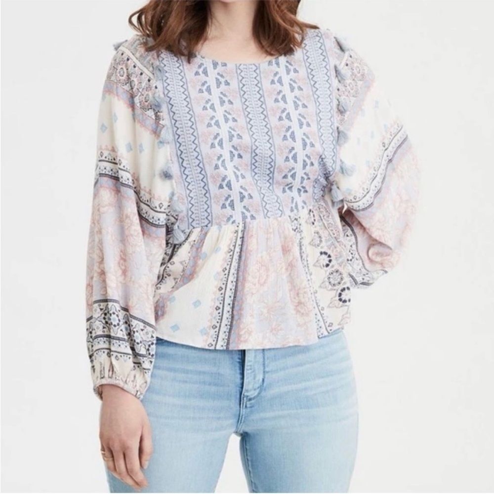 American Eagle Boho Floral Print Tassel Ballon Sleeve Peasant Top Size Small